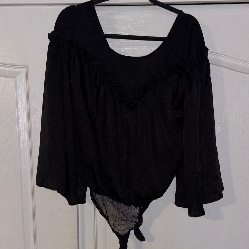Free People Black Ruffled 3/4 Sleeve Bodysuit